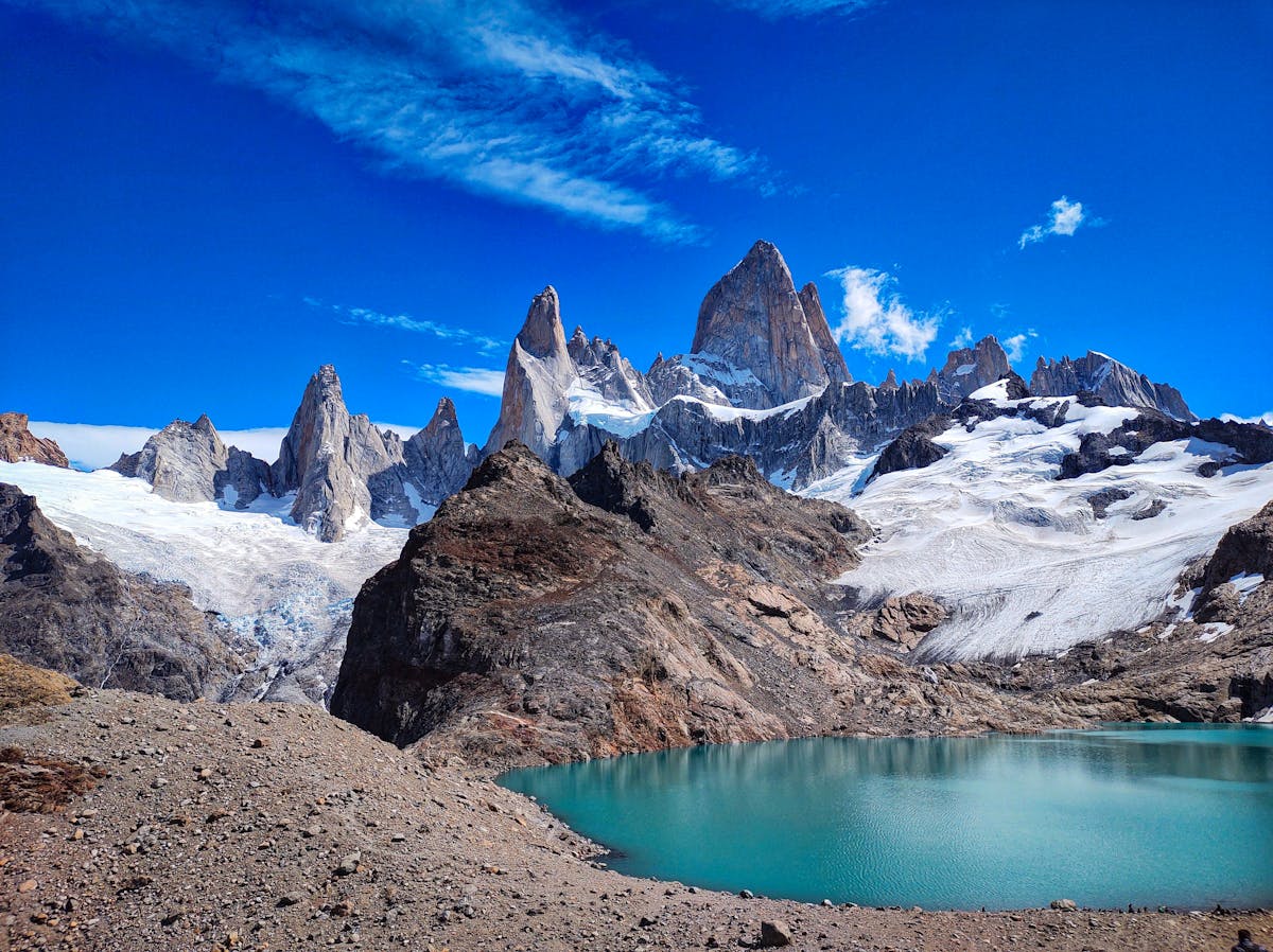 Mount Fitz Roy and Laguna de los Tres under blue sky in Patagonia Argentina