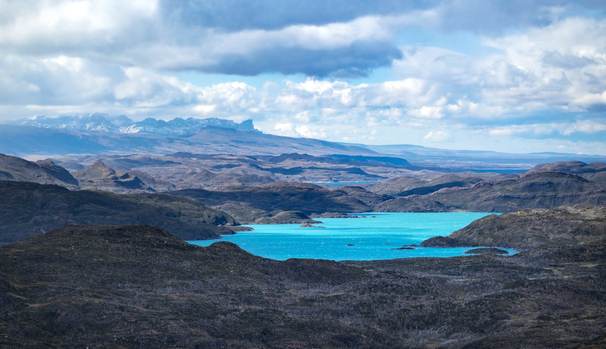 Turquoise waters of Lago Pehoe with Torres del Paine mountains in the background