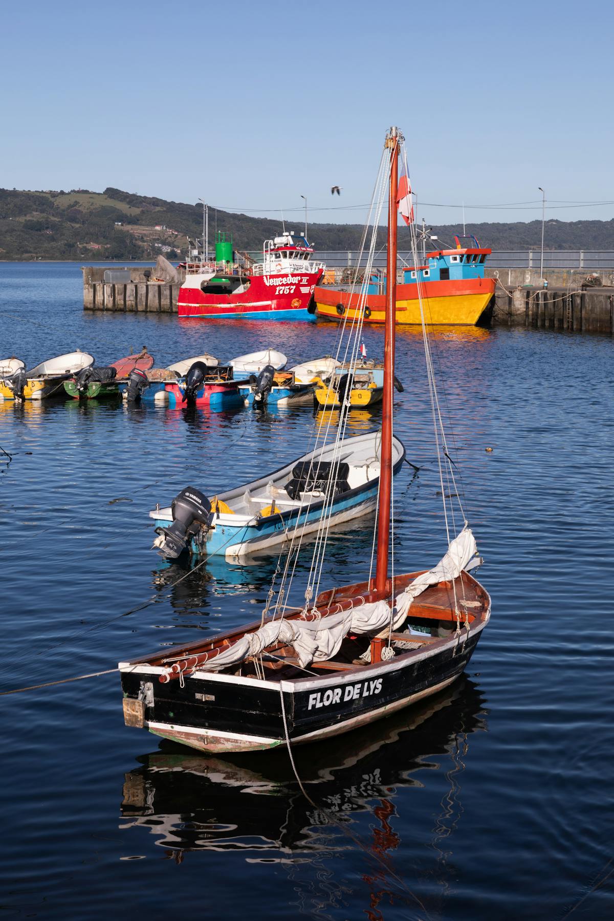 Colorful fishing boats docked at a harbor in southern Chile with mountains in the background