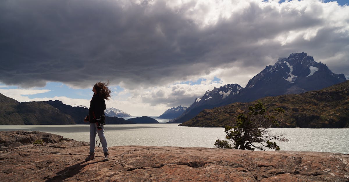 Traveler standing on a rock overlooking the dramatic Torres del Paine landscape with storm clouds