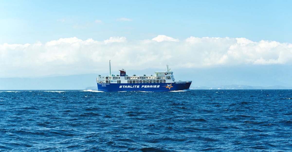 Large ferry ship on the ocean with mountains in the background