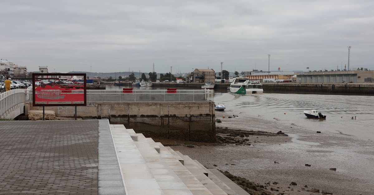 Puerto Natales waterfront with fishing boats and mountains across the channel