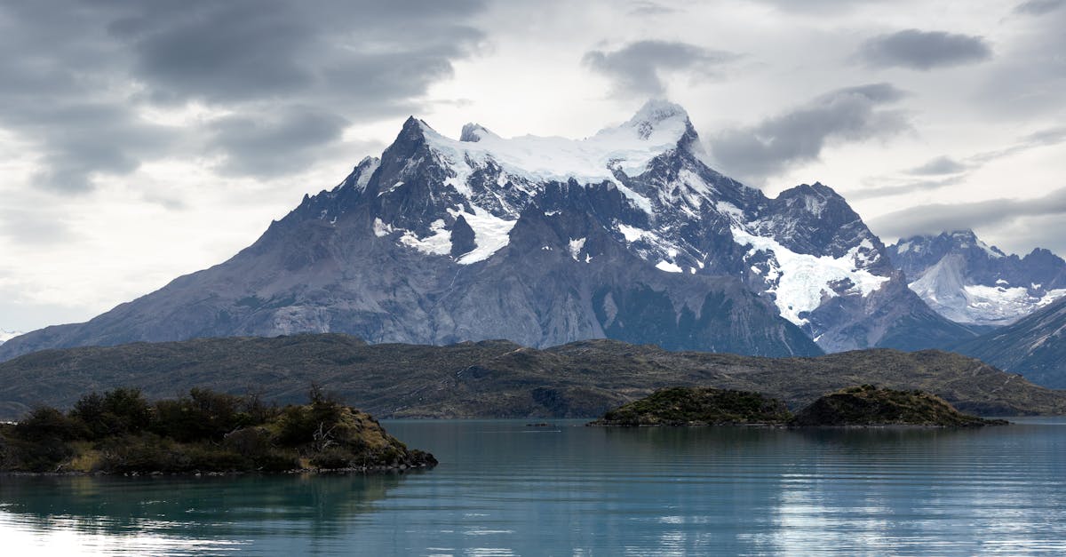 Torres del Paine mountain peaks reflected in a lake with golden grassland in the foreground