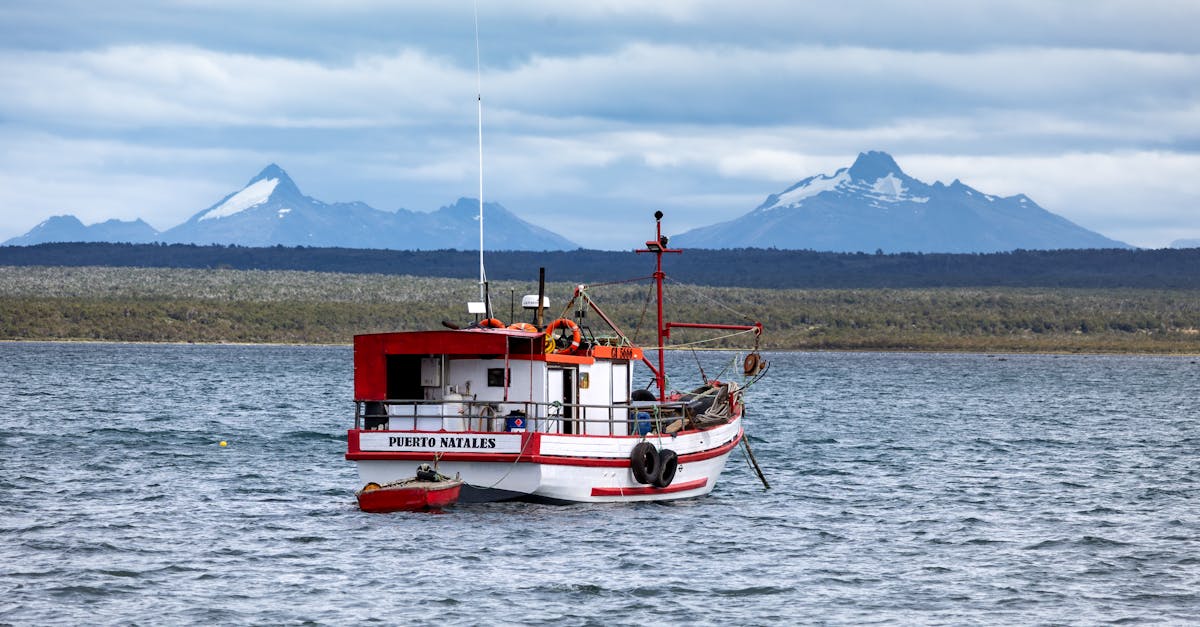 Boat in Puerto Natales harbor with mountains in the background