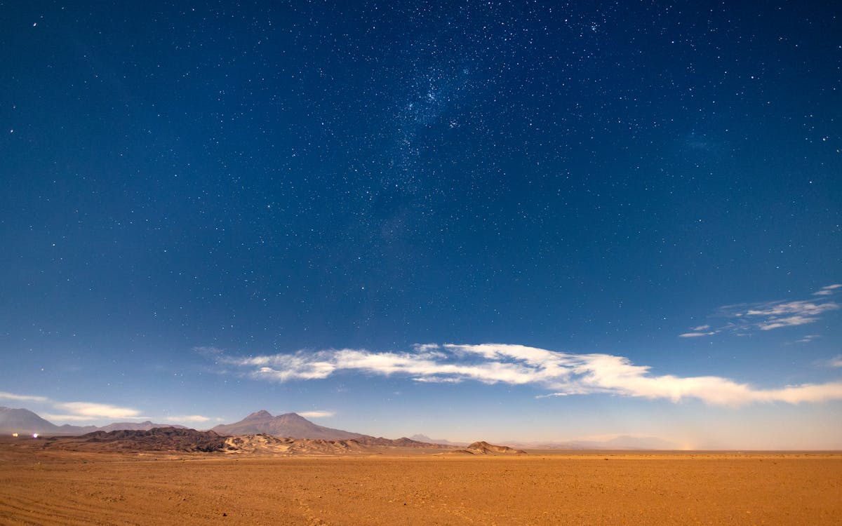 Starry sky and faint Milky Way above the Atacama Desert at night with mountain silhouettes
