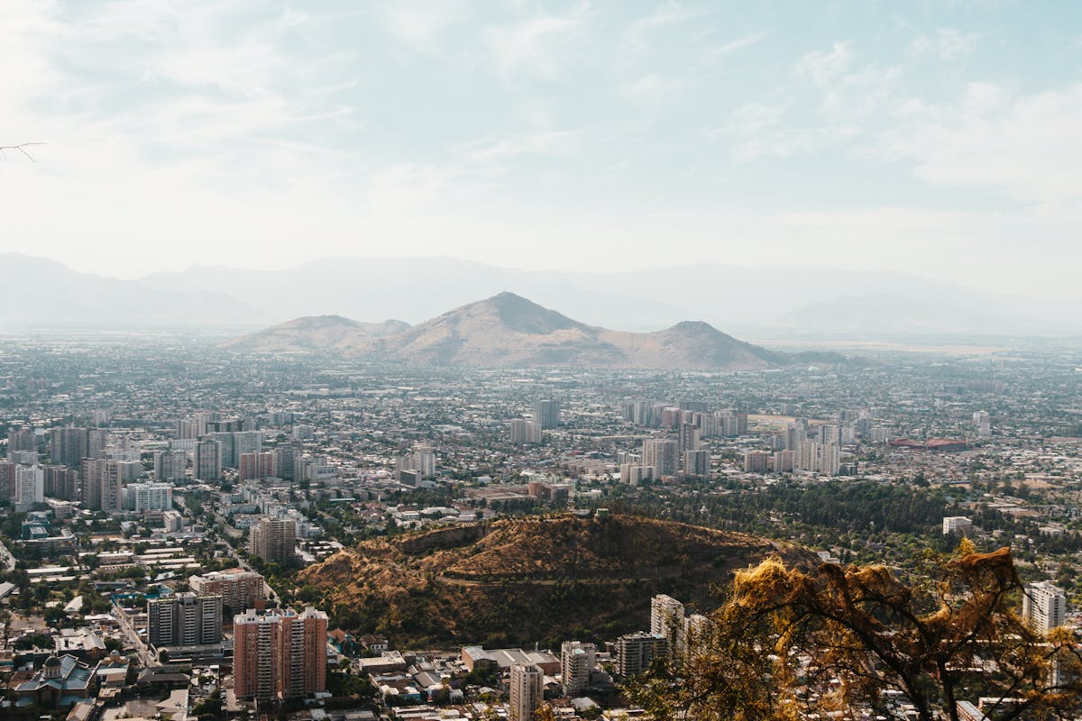 Aerial view of Santiago Chile sprawling cityscape with the Andes mountains in the background