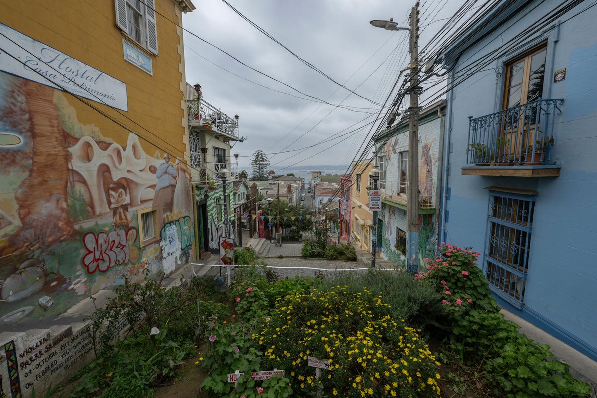 Colorful street art murals covering building walls in a lively neighborhood