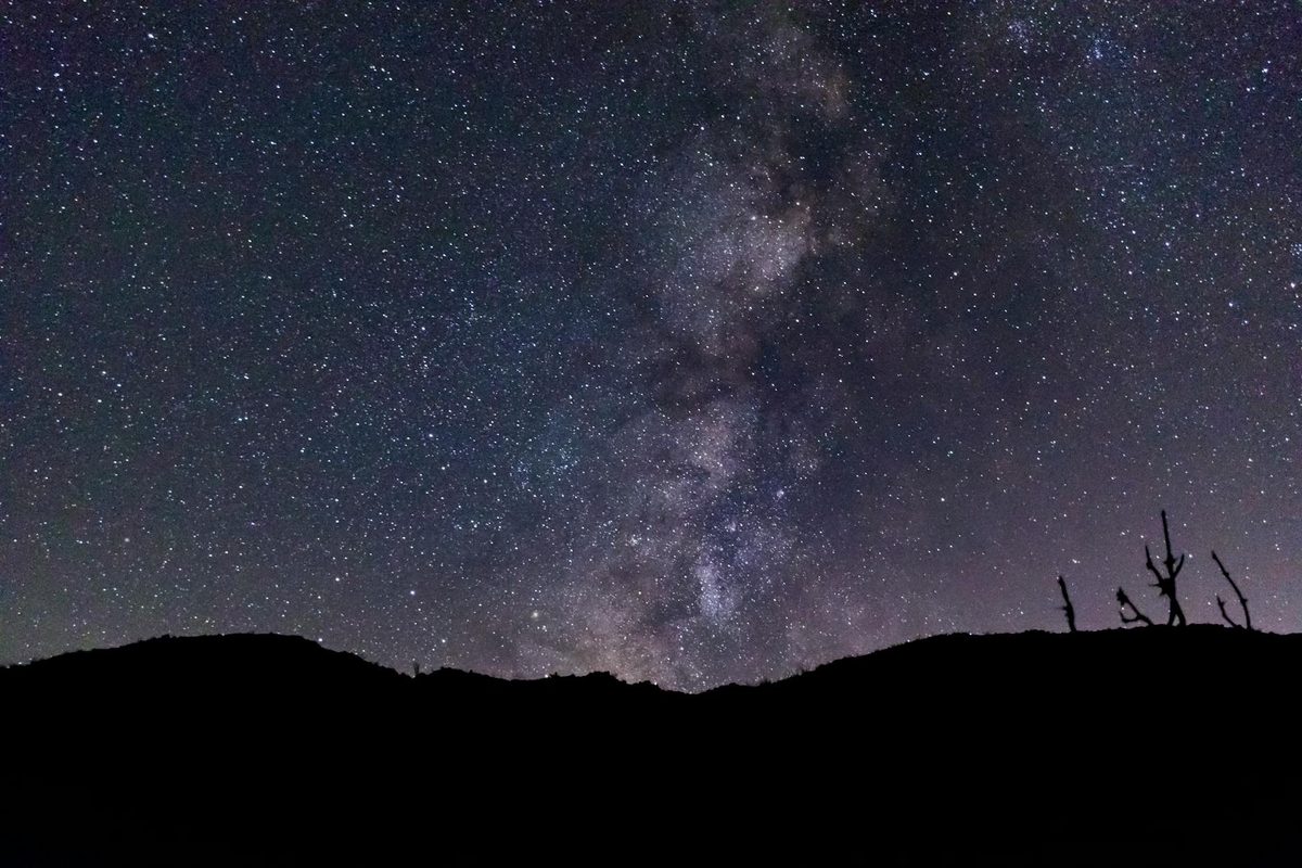 Milky Way stretching across dark desert sky above rocky landscape