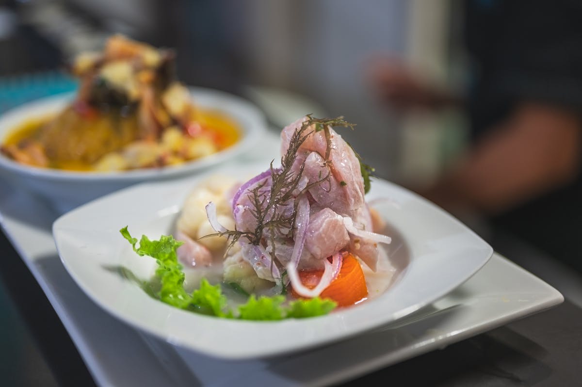 Fresh ceviche dish with colorful garnishes served on a white plate